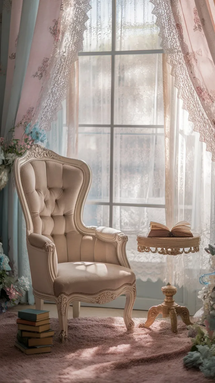 A cozy reading nook with a Victorian-style chair and table, featuring lace curtains and a soft rug.