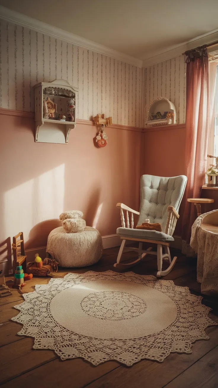 A cozy nursery with a soft lace rug, a rocking chair, and warm decor.