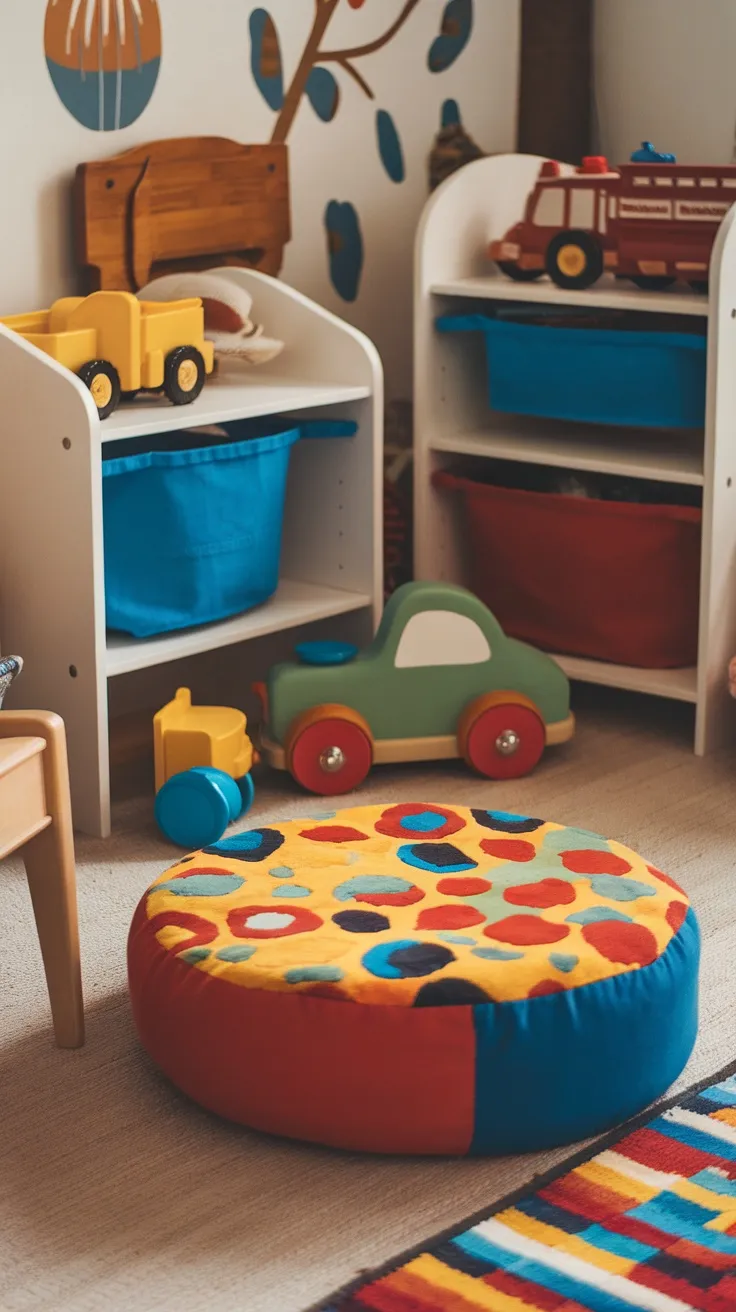 A colorful soft rug and playful toys in a toddler boy's bedroom.