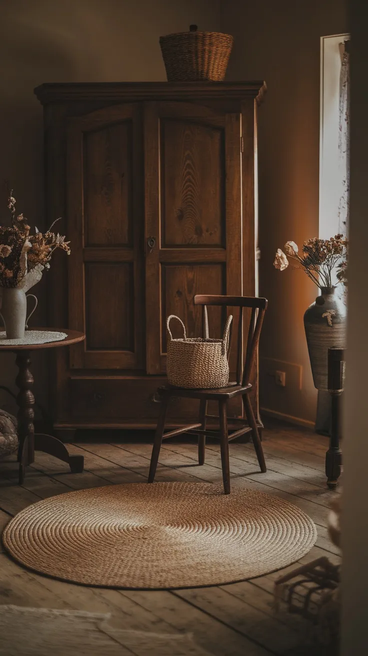 A cozy corner of a bedroom featuring a woven rug on wooden flooring, accompanied by rustic furniture and decorative items.