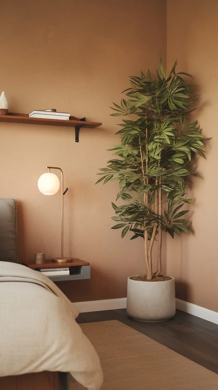 A tall potted plant in the corner of a bedroom with a warm wall color, a modern lamp on a bedside table, and a cozy bed.