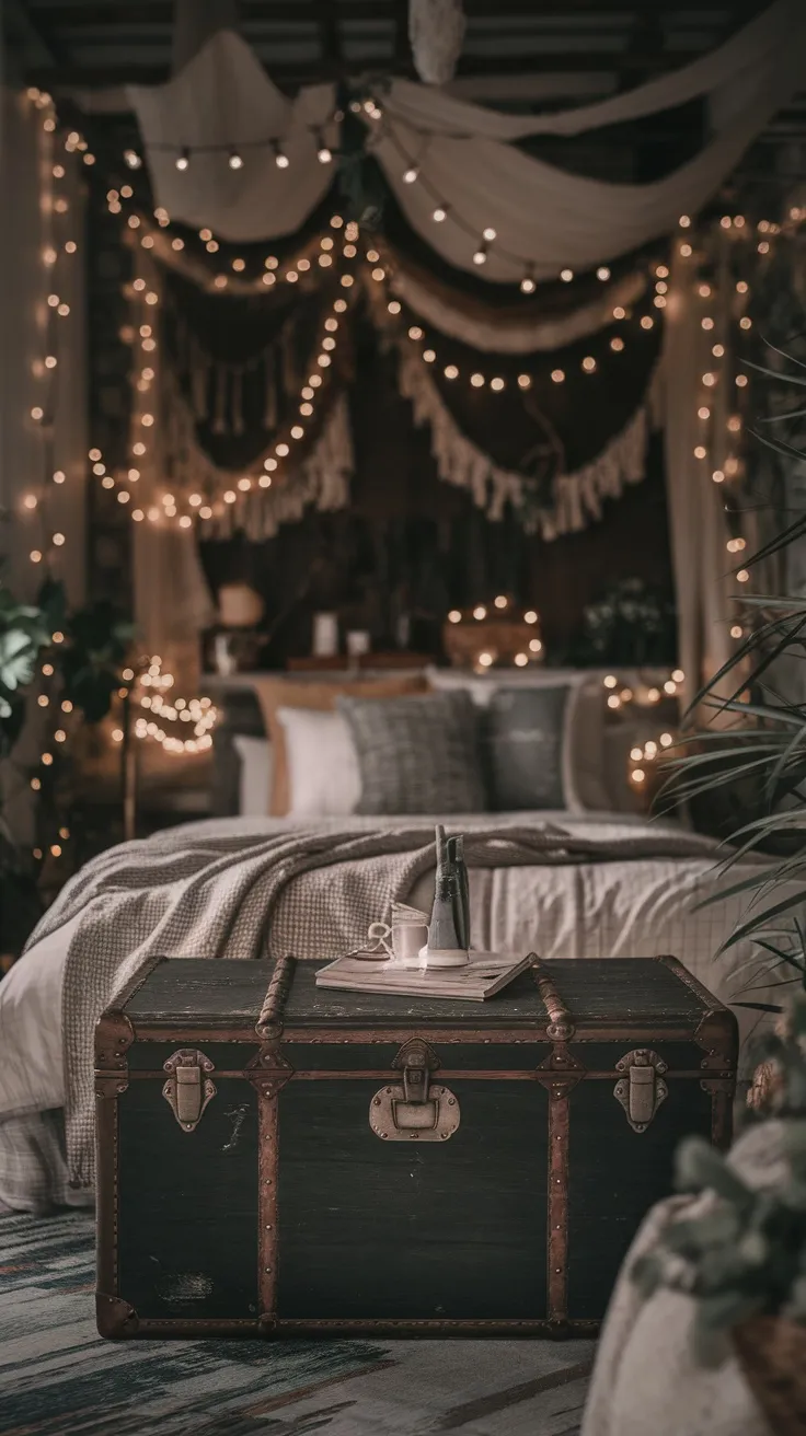 A vintage trunk at the foot of a cozy bed in a dark cottagecore bedroom, surrounded by soft lighting and decorative elements.