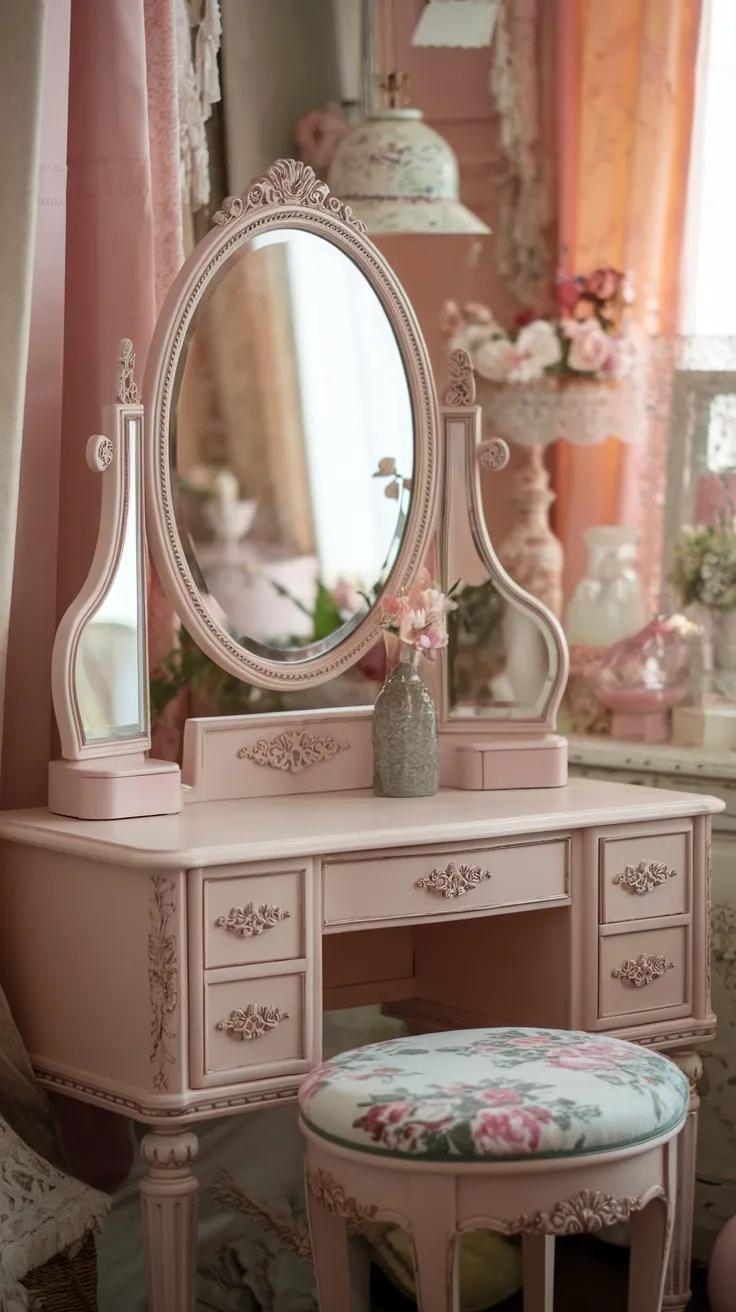 Vintage vanity with a matching stool in a cozy, pink-themed bedroom