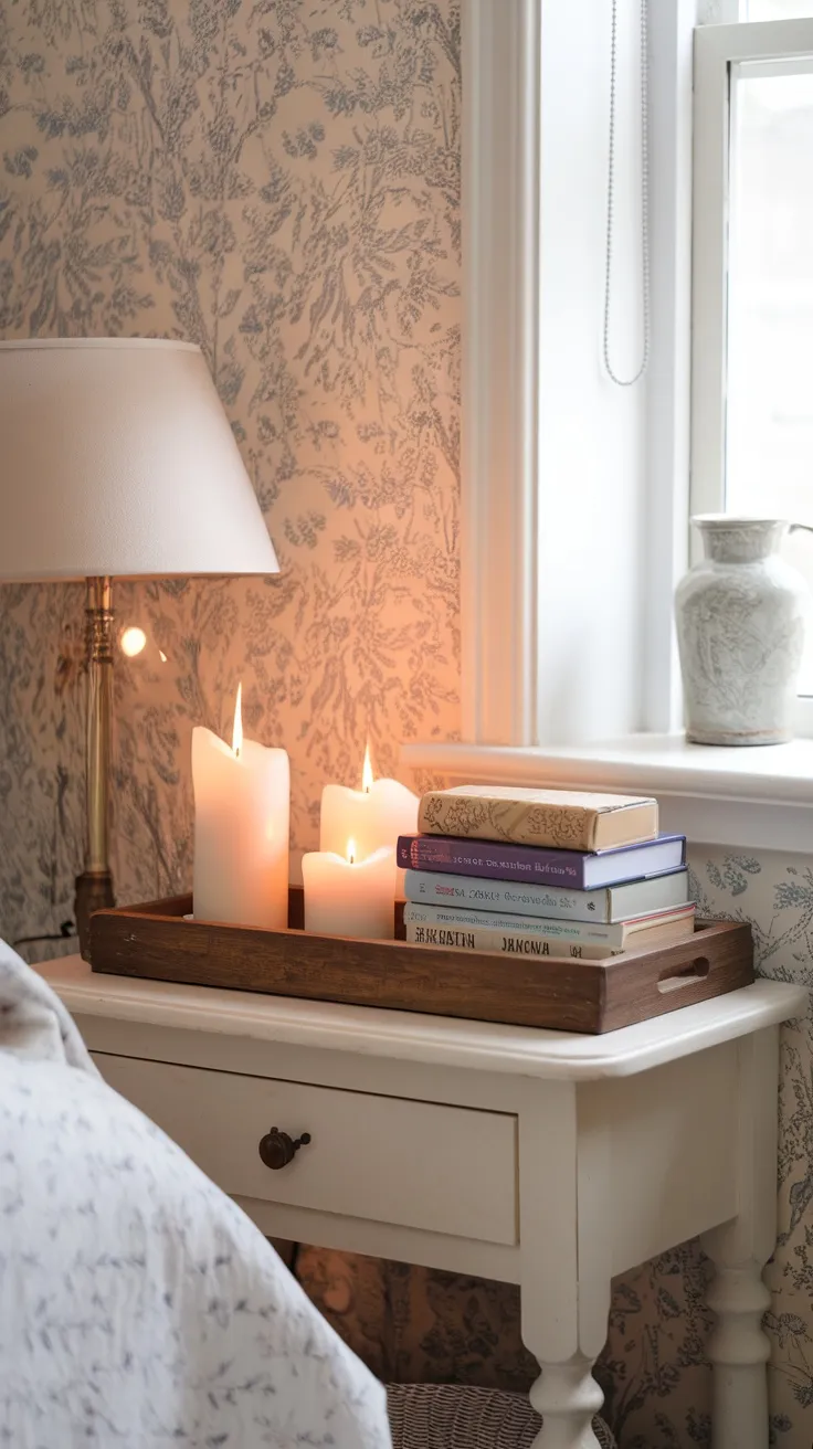 A wooden tray with candles and books on a bedside table in a cozy English cottage bedroom.