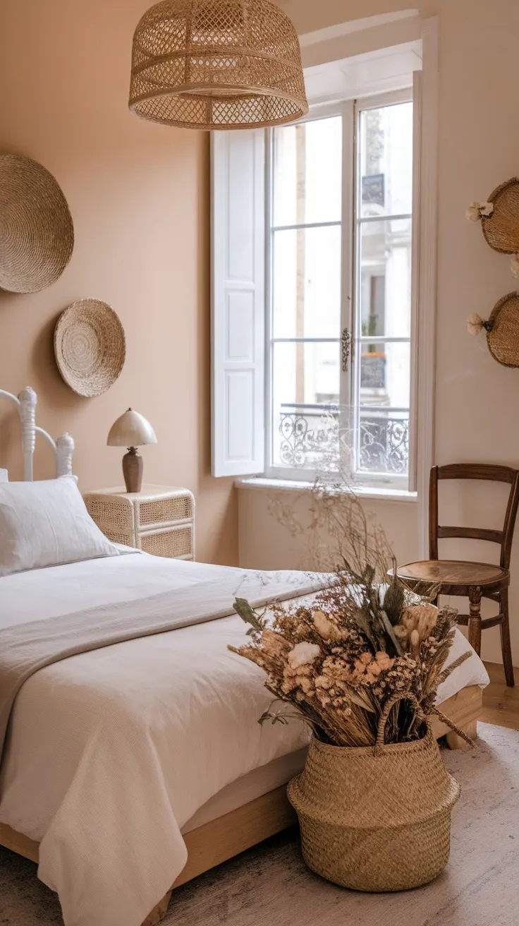 A cozy French bedroom featuring a woven basket with dried flowers, rattan decor, and soft bedding.
