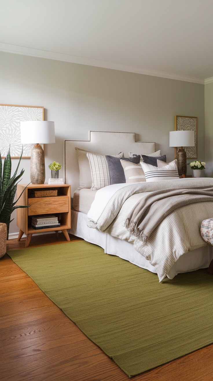 A cozy bedroom featuring an olive green rug under a bed with beige and gray bedding, a wooden nightstand, and plants.