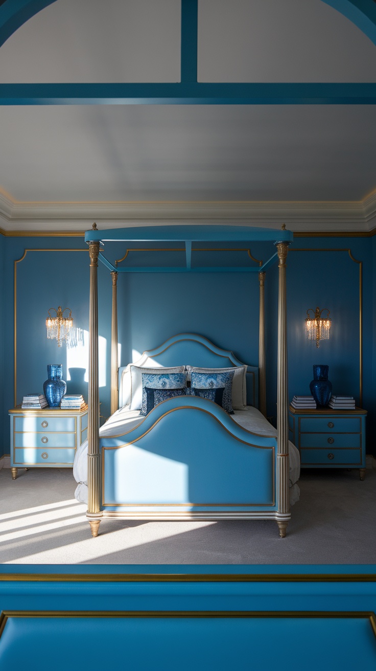 A beautifully decorated blue and gold bedroom showcasing gold nightstands topped with blue vases and books.