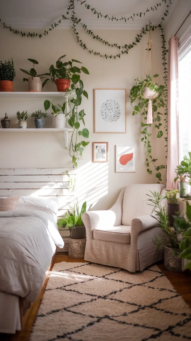 A cozy bedroom with potted plants on shelves and hanging vines, creating a lush green atmosphere.