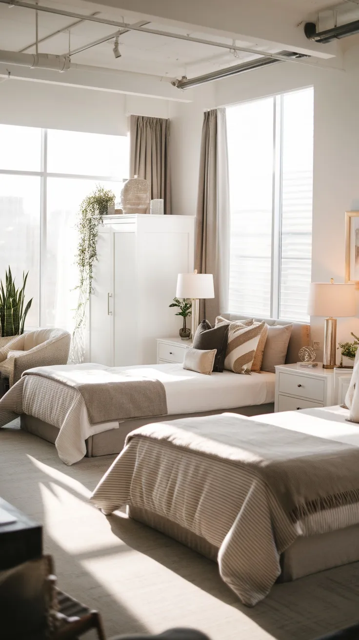 A modern room with two beds placed against opposite walls, large windows, and soft decor.
