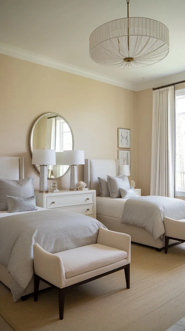 A cozy bedroom featuring two twin beds arranged side by side with matching decor.