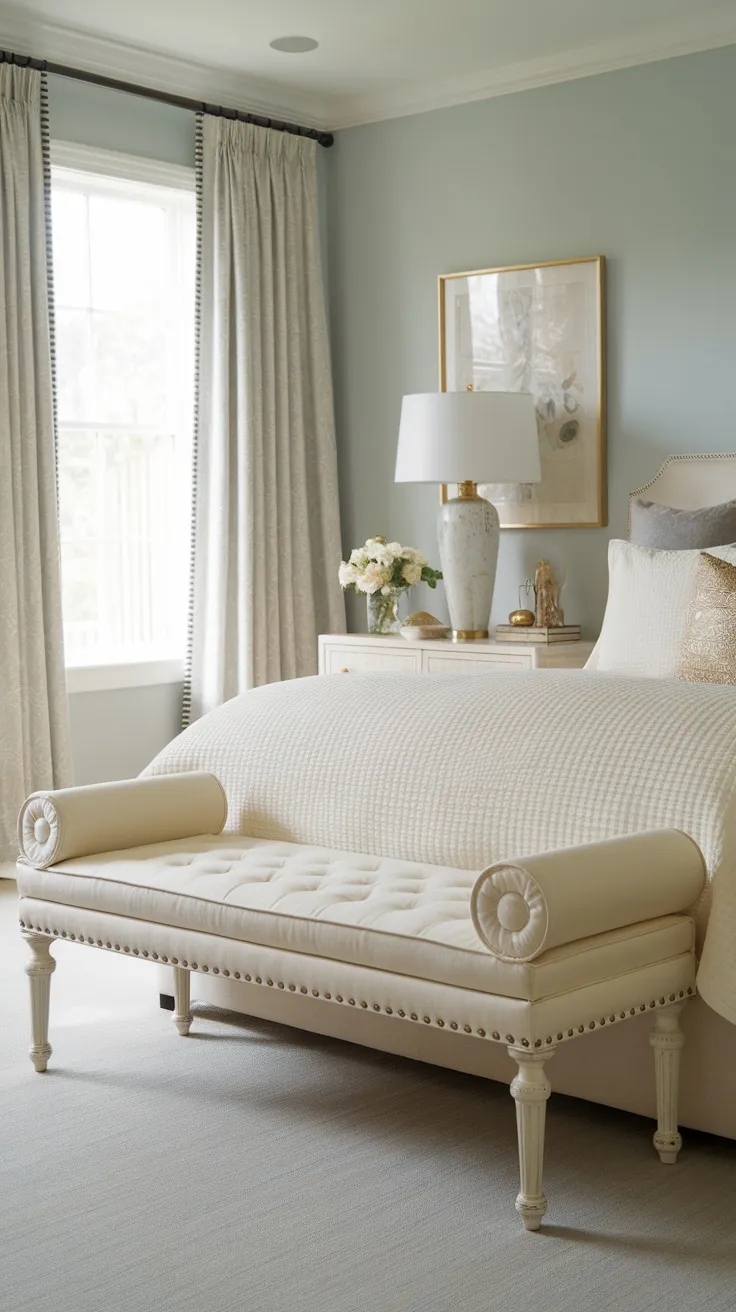 A cream bench with white legs at the foot of a bed in a stylish bedroom.