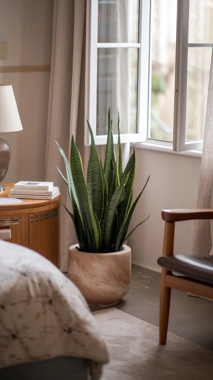 A snake plant in a stylish pot near a bed, with a lamp and books on a nearby table.