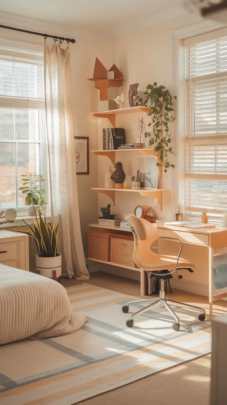 A cozy bedroom with a neatly made bed, a desk, and shelves filled with decor and plants, illuminated by sunlight.