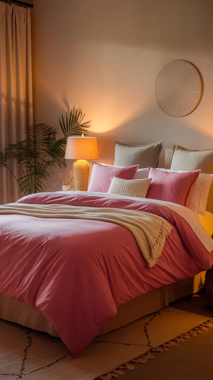 A cozy bedroom featuring a pink duvet, soft pillows, and warm lighting.