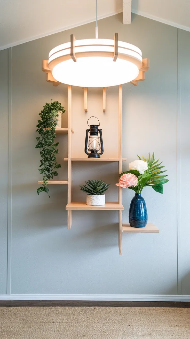A modern light fixture hanging above wooden shelves decorated with plants and vases in a well-lit room.