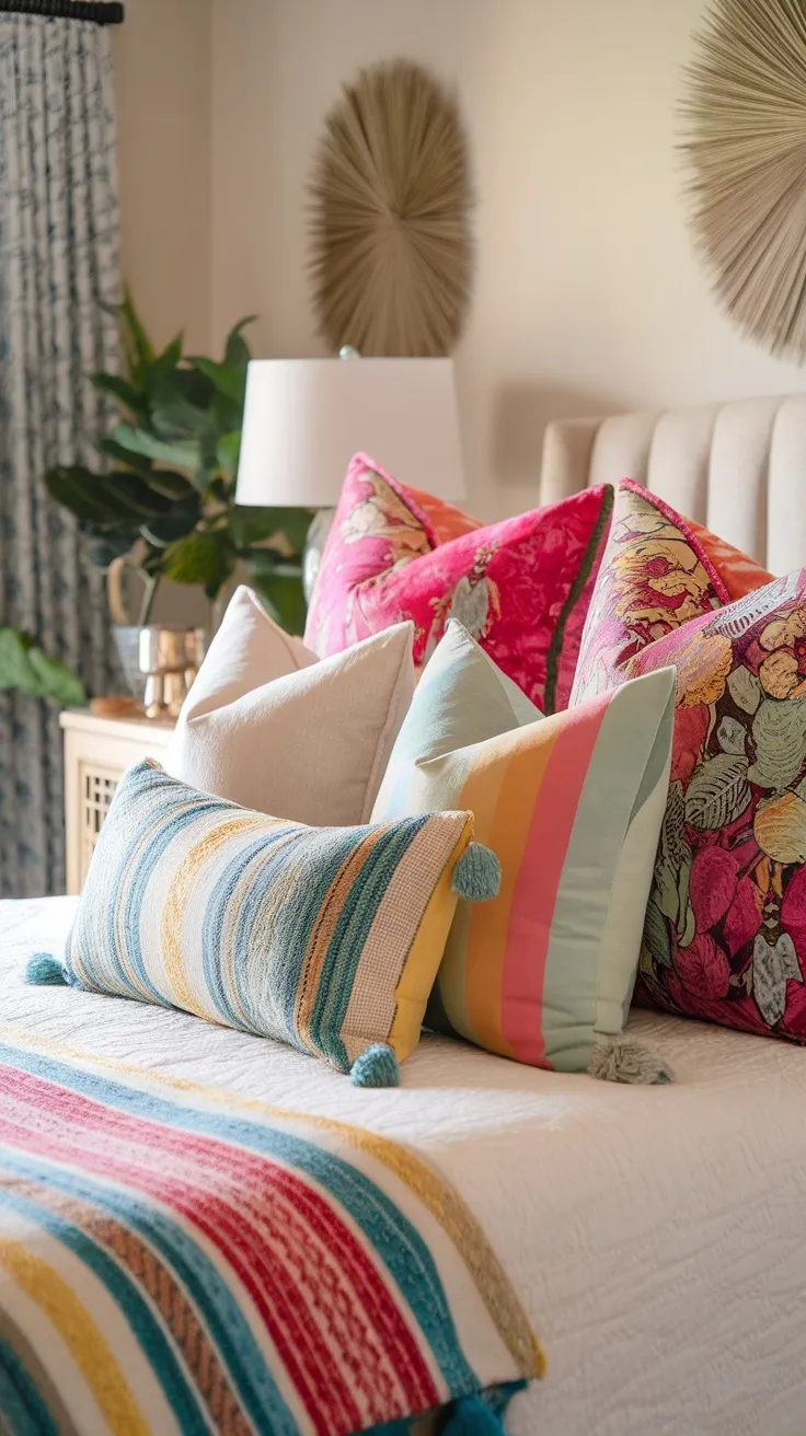 A cozy bed adorned with colorful throw pillows in various patterns and textures.