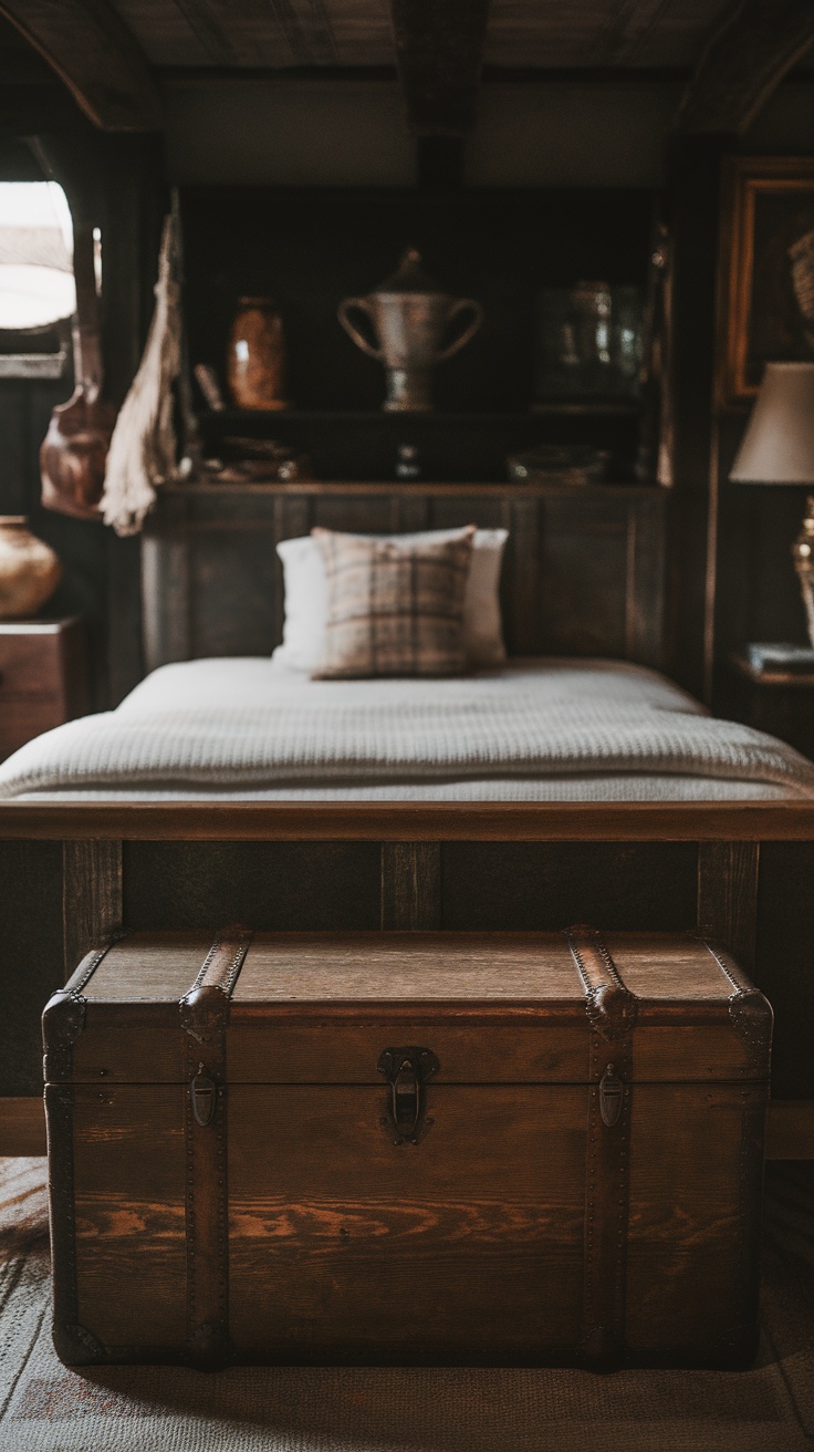 Rustic wooden trunk at the foot of a bed in a western-themed bedroom.