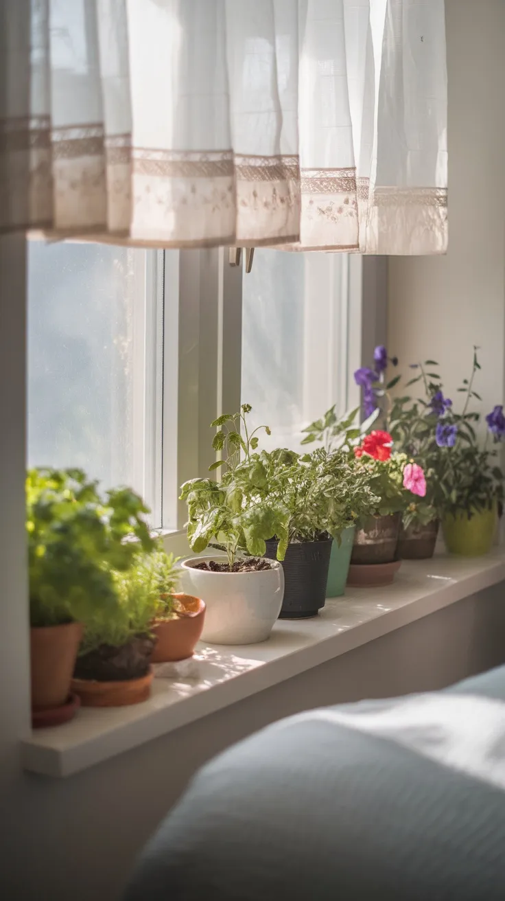 Window ledge garden with small herb and flower pots, showcasing sunlight and greenery