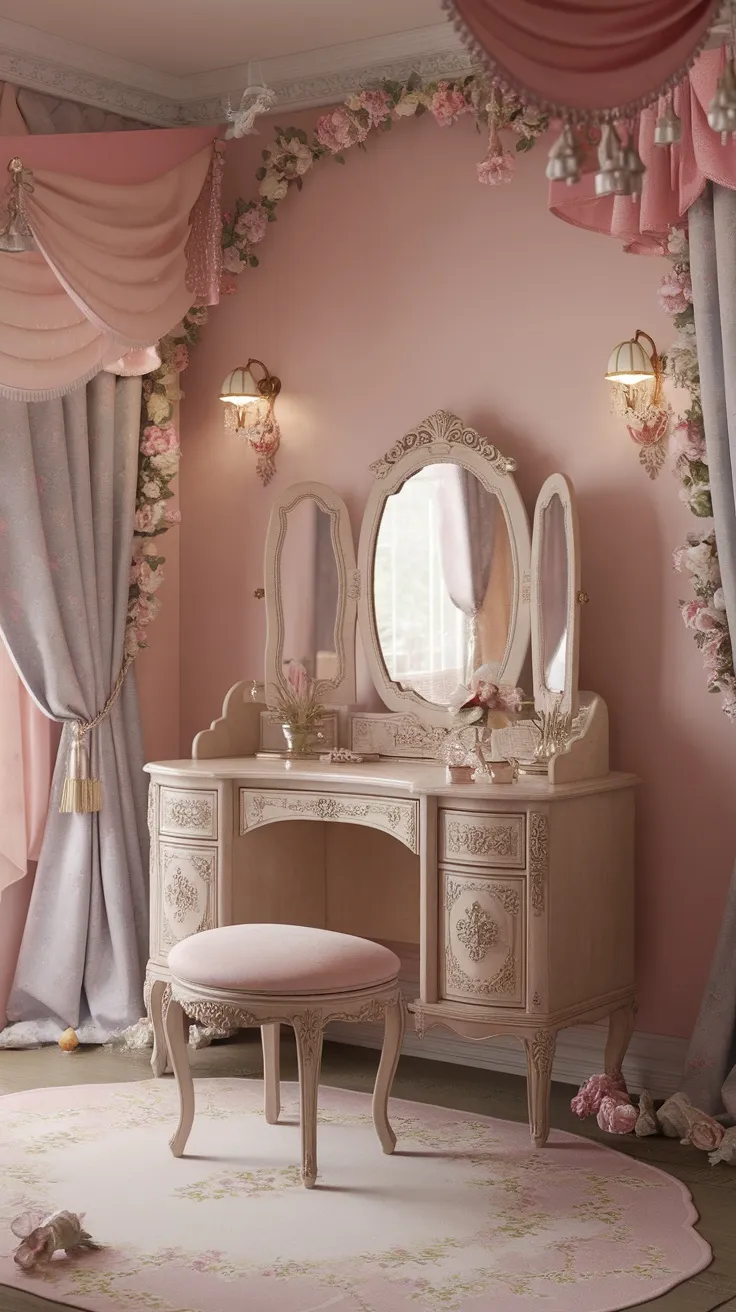 A beautifully designed antique-inspired vanity with a fancy stool in a vintage princess bedroom setting.