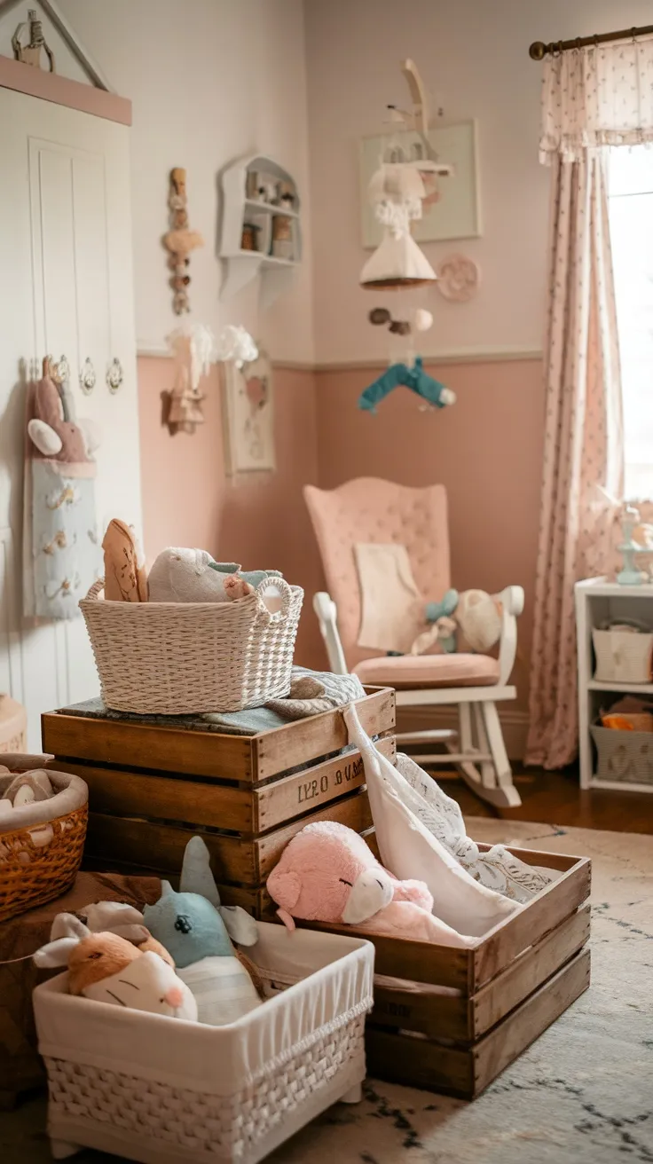 A cozy nursery filled with vintage baskets and wooden crates, storing baby essentials like plush toys and blankets.