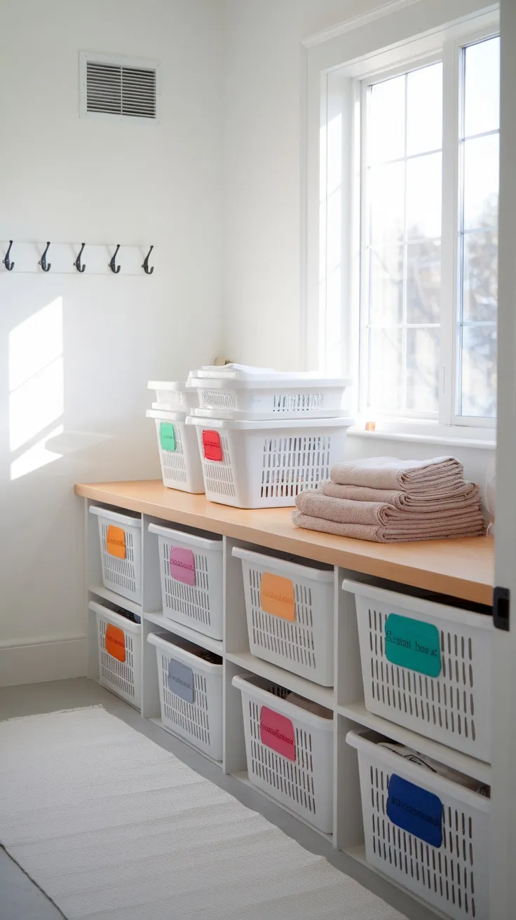 A clean laundry room with baskets under a counter, showcasing organized laundry storage.
