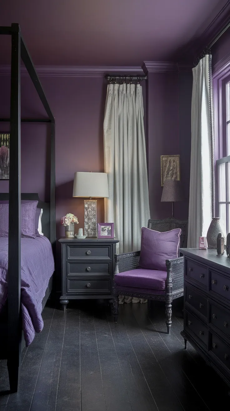 A cozy purple bedroom with dark wood and black furniture, featuring a four-poster bed and stylish decor.