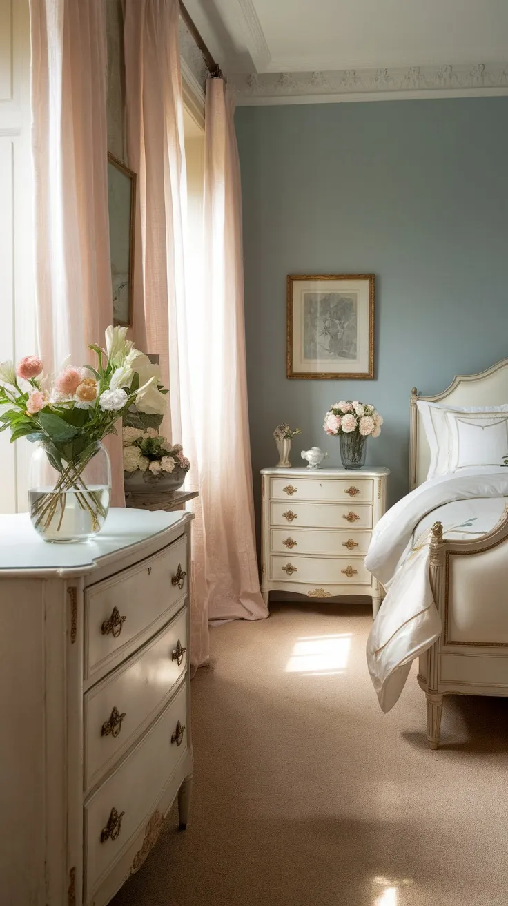 A cozy French bedroom featuring a glass vase with fresh flowers on a dresser, soft pink curtains, and elegant furniture.