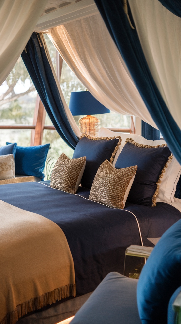 A beautifully styled bed with a navy cover, gold pillows, and soft drapery creating a cozy bedroom atmosphere.