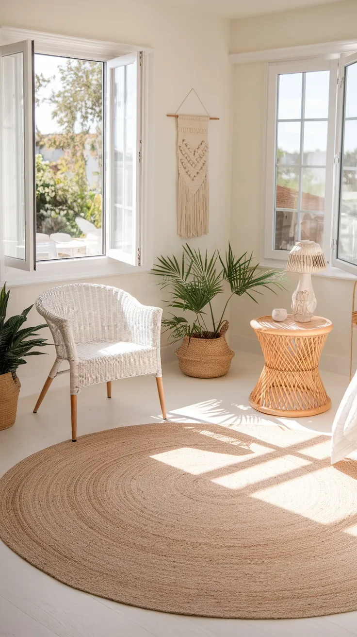 A bright bedroom with a round jute rug, a white chair, and plants, creating a light and airy summer feel.