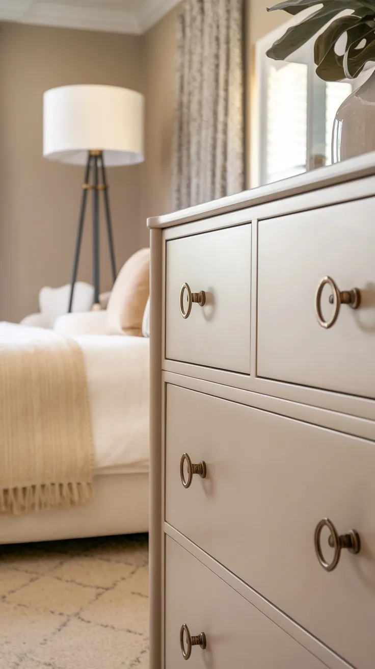 A close-up of a light-colored dresser with round drawer handles in a cozy bedroom setting.