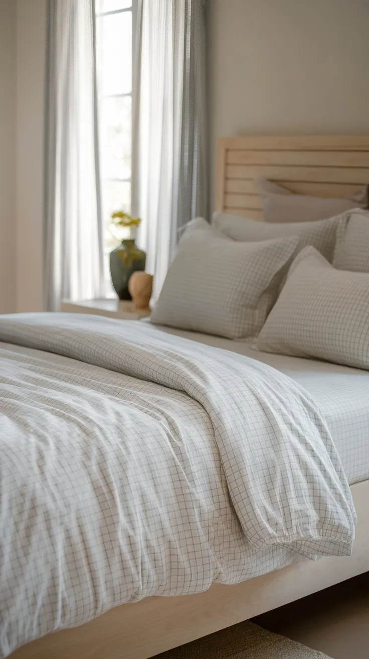A cozy bed with soft striped sheets and fluffy pillows, creating a calm atmosphere.