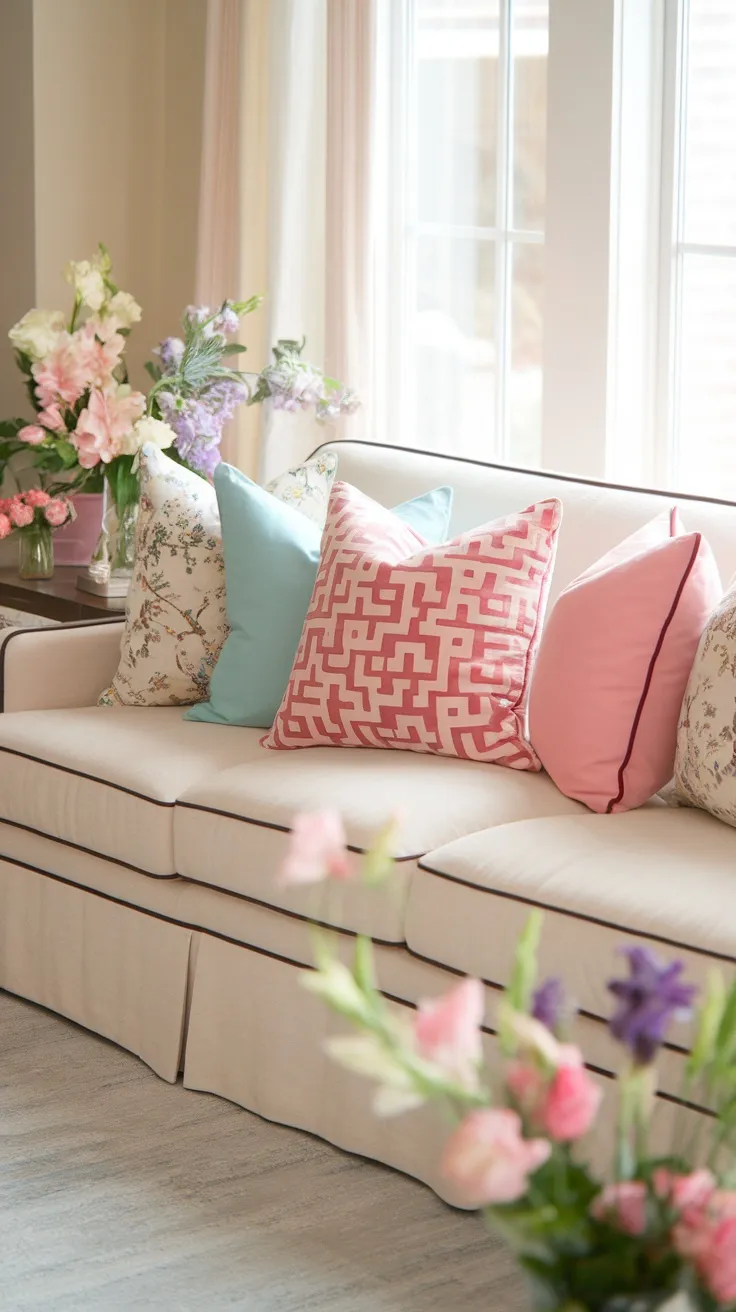 Bright and cheerful throw pillows on a sofa with flowers in the background