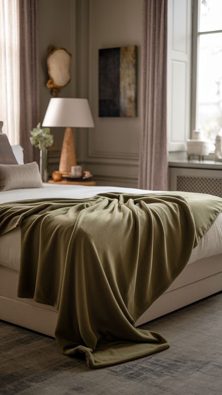 A cozy olive green blanket draped over a bed with soft lighting and neutral decor.