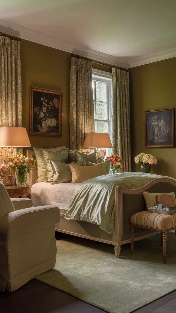 A cozy bedroom with olive green wallpaper, layered bedding, and decorative accents.