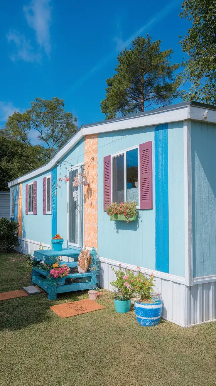 A colorful singlewide mobile home with vibrant blue and orange paint, decorative plants, and a cozy outdoor seating area.