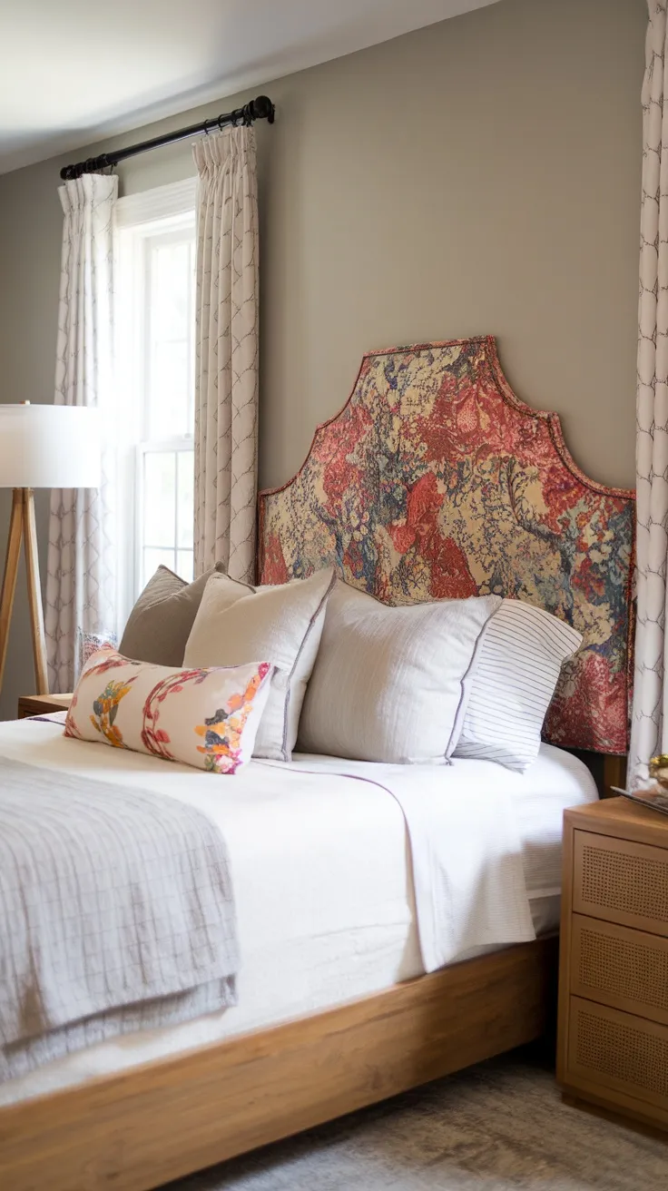 A bedroom featuring a colorful upholstered headboard and neutral bedding