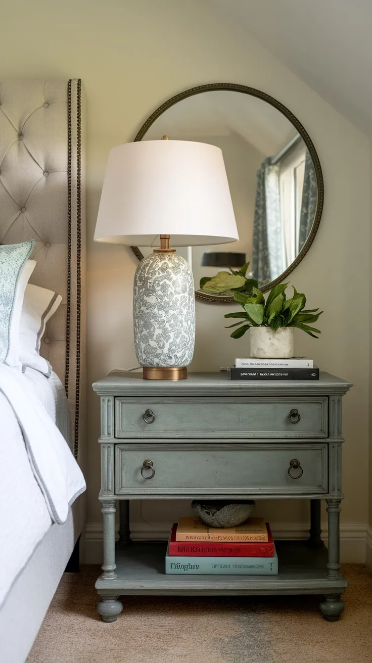 A stylish nightstand with a patterned lamp, a plant in a marble pot, and stacked books next to a bed.