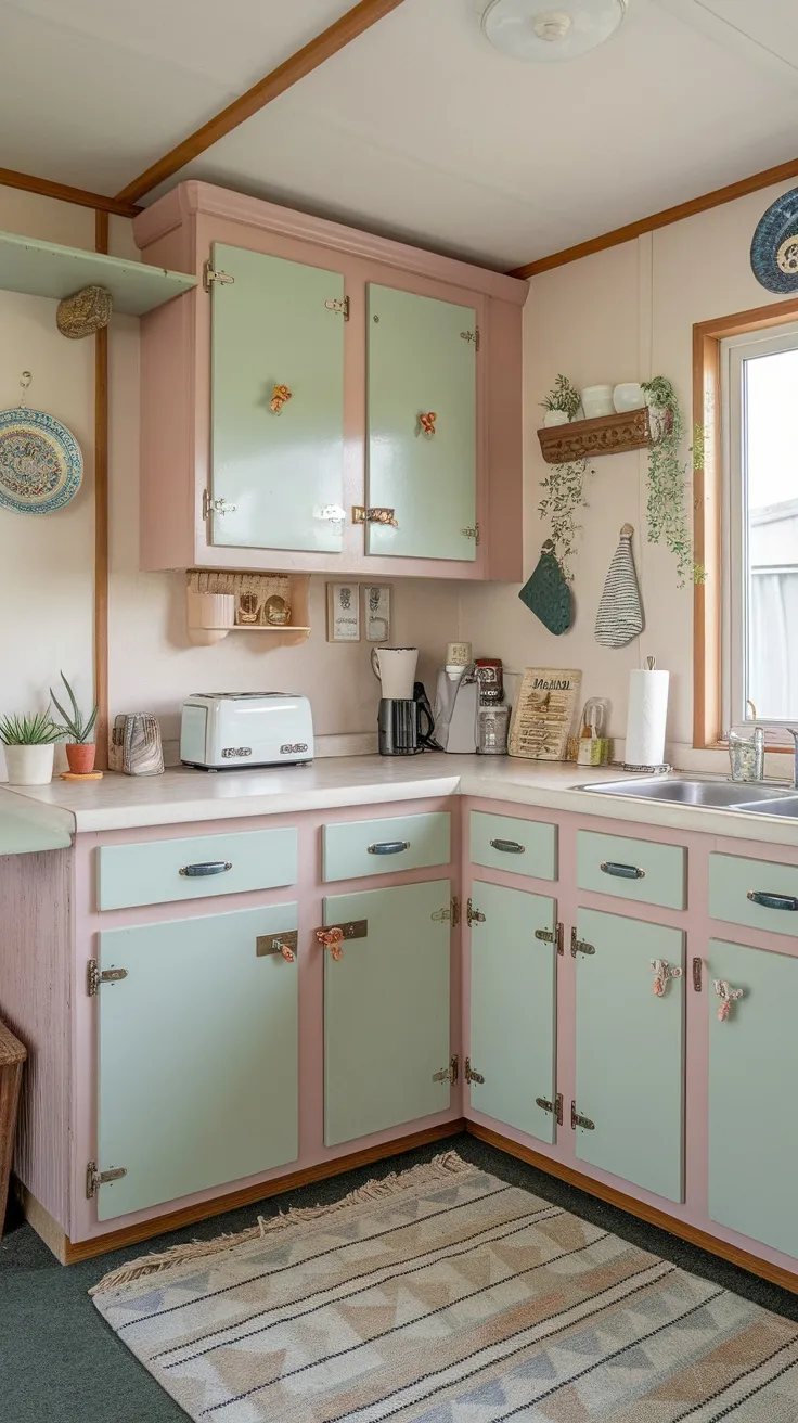 A cozy kitchen with pastel-colored cabinets and modern hardware, complemented by decorative items and a cozy rug.