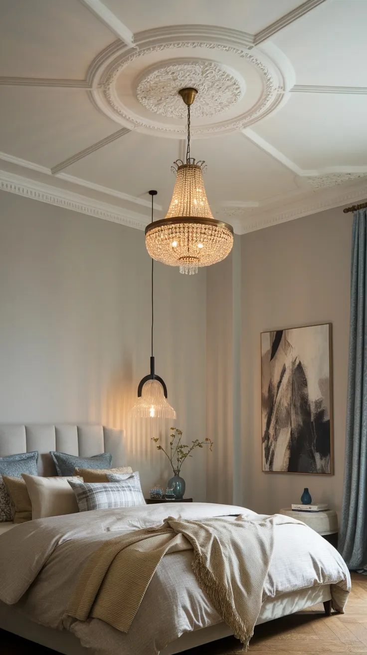A stylish bedroom featuring a chandelier and pendant light, showcasing modern and elegant design.