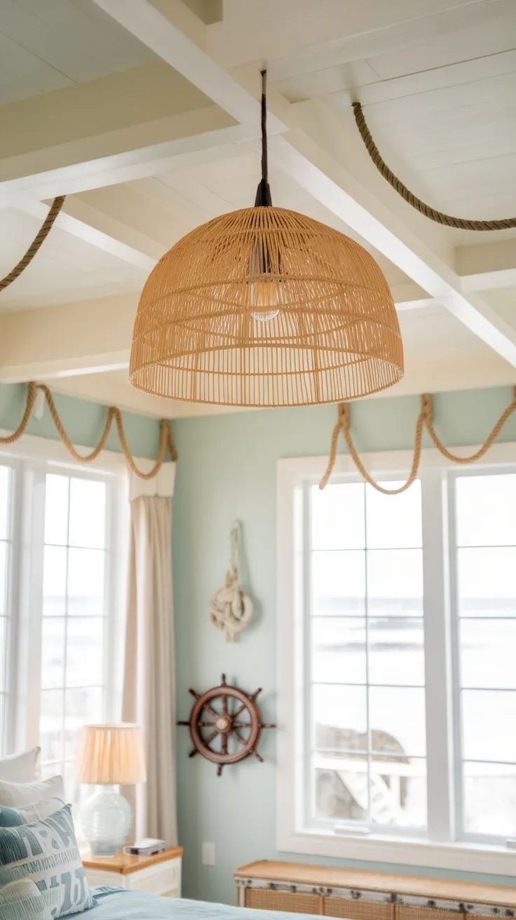 A bamboo light fixture hanging in a coastal-themed bedroom with light blue walls and nautical decor.