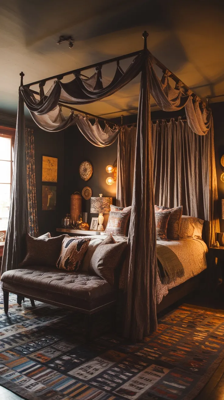 A cozy bedroom featuring a canopy bed with soft drapes, warm lighting, and textured pillows.