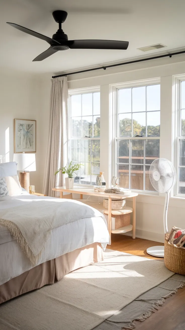 A bright, cozy bedroom featuring a ceiling fan and a standing fan, with sunlight streaming through large windows.