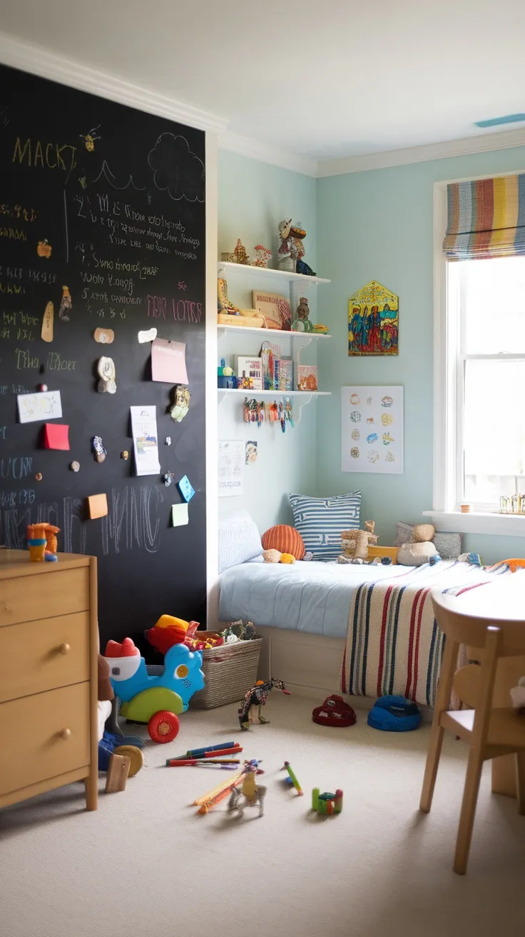 A boy's bedroom featuring a chalkboard wall filled with colorful doodles, a cozy bed, toys scattered on the floor, and shelves displaying various items.