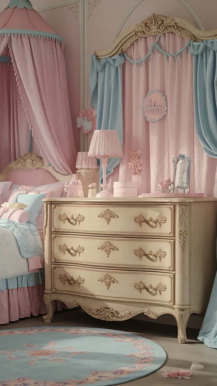A classic wooden French-style dresser with ornate details in a vintage princess aesthetic bedroom.