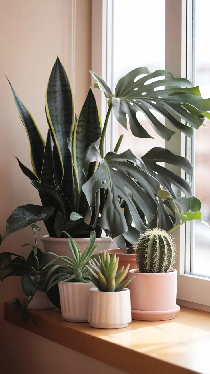 A collection of plants in varying sizes on a windowsill, showcasing a lush and layered arrangement.
