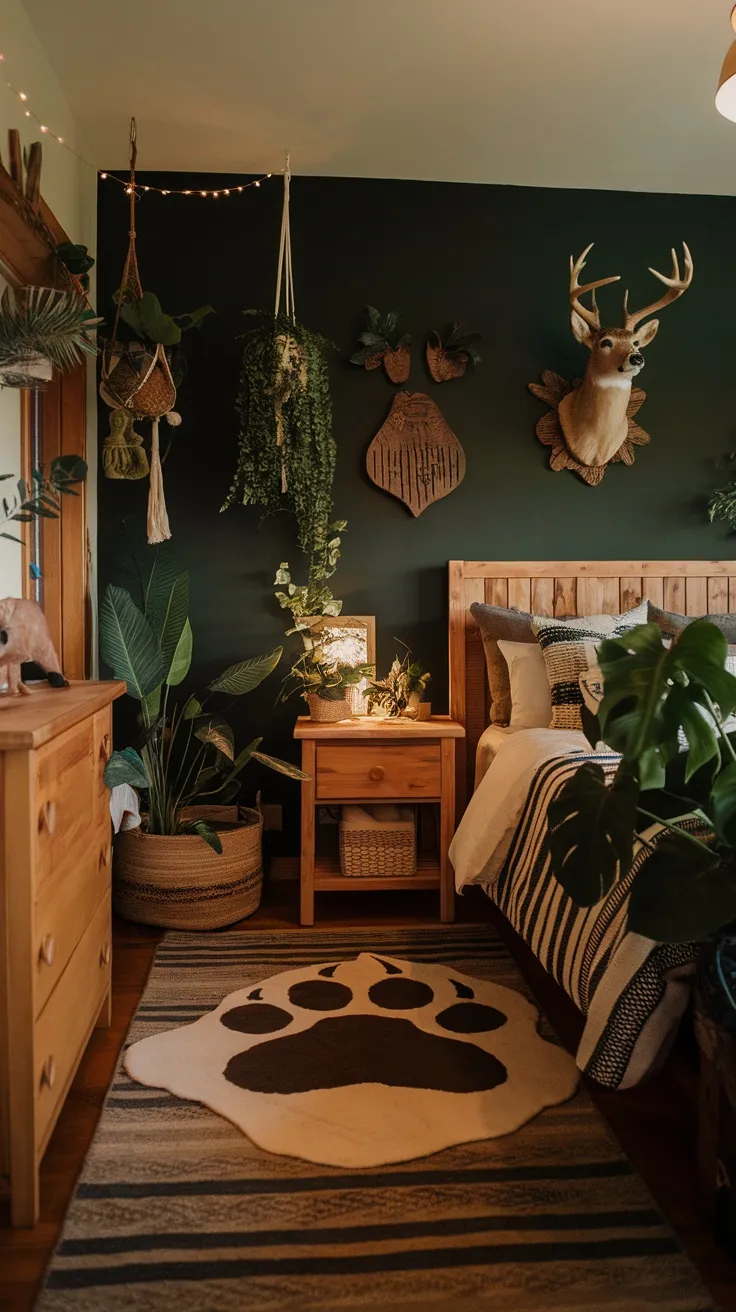 A cozy bedroom featuring a dark green accent wall, wooden furniture, plants, and decor that brings a forest-like atmosphere.