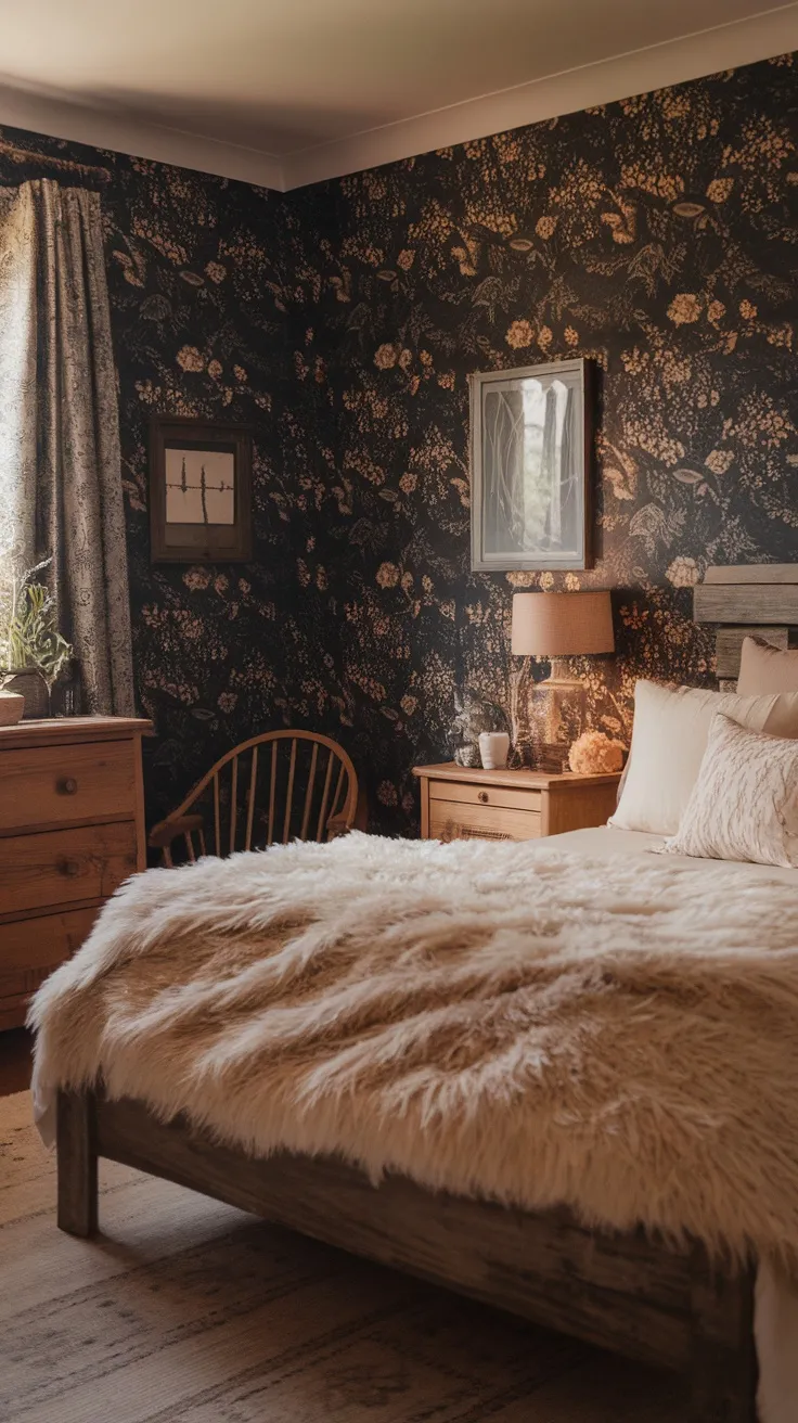 A cozy bedroom featuring dark floral wallpaper, wooden furniture, and a fluffy bedspread.