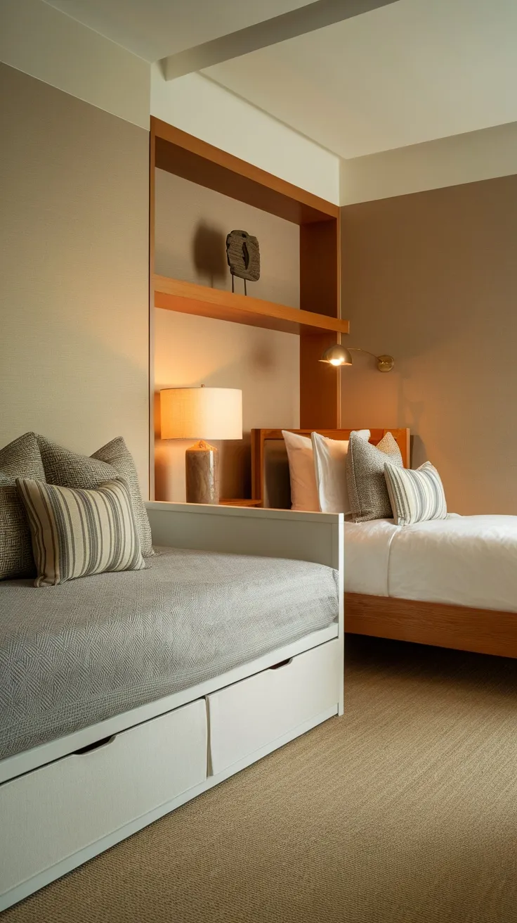 Cozy room featuring a daybed and a twin bed with soft colors and textures.