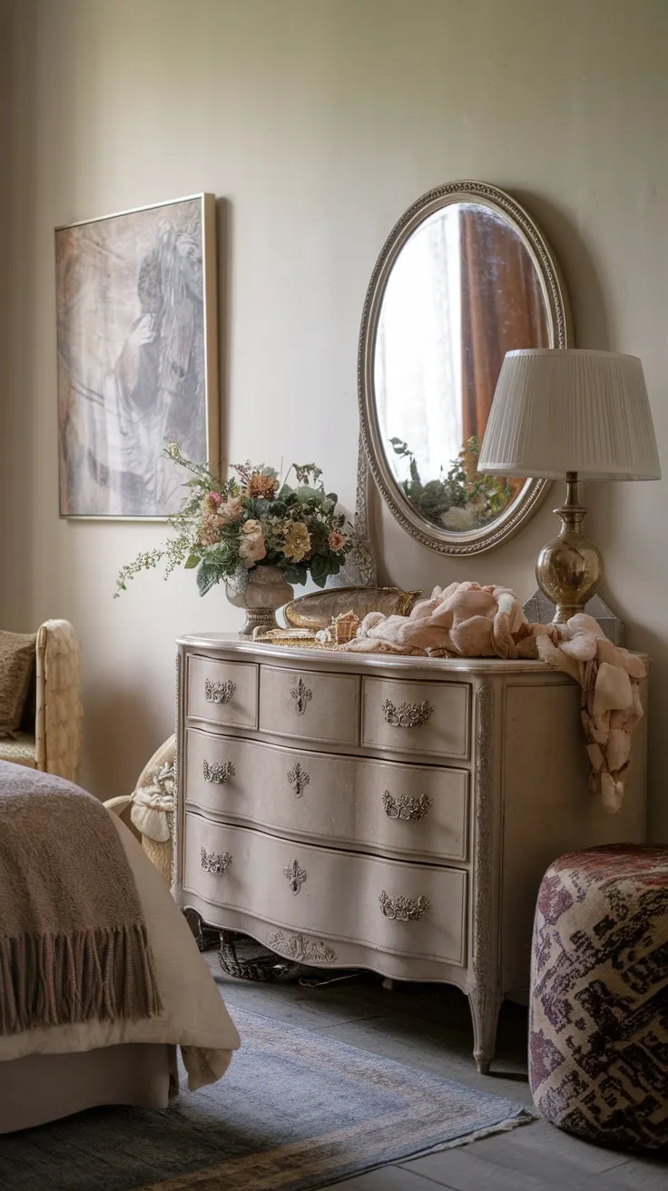 A stylish bedroom dresser with a mounted oval mirror, flowers, and a lamp, creating a soft and elegant feel.