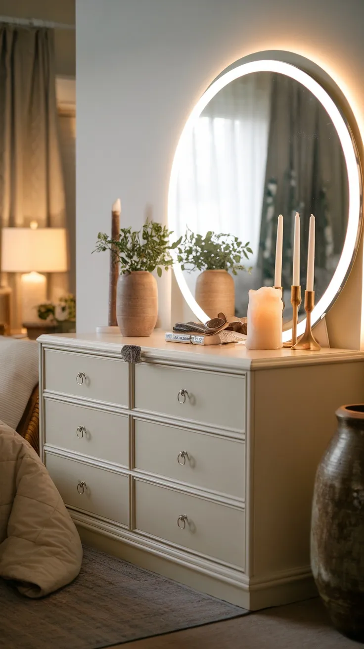 A stylish bedroom dresser with built-in drawers, a round illuminated mirror, plants, candles, and decorative items.